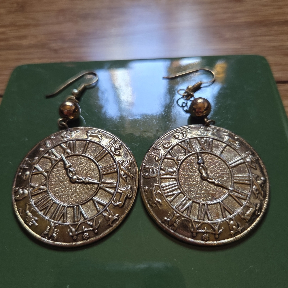 Vintage Zodiac Clock Earrings Metal Gold